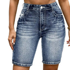 Women's High Waist Denim Style Bermuda Shorts with Straight Fit and Everyday Comfort