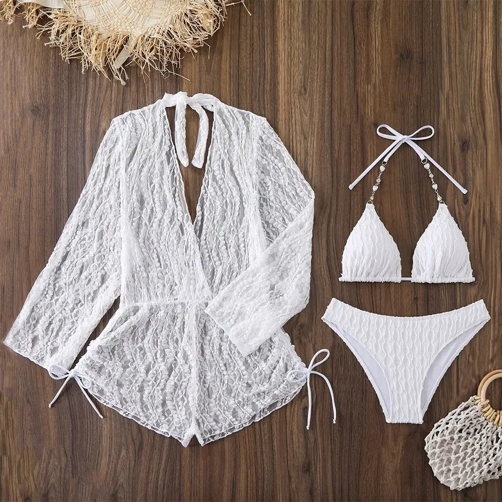 Three-Piece White String Bikini Set with Lace Long-Sleeve Cover-Up