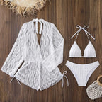 Three-Piece White String Bikini Set with Lace Long-Sleeve Cover-Up