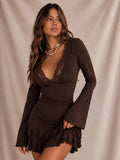 Deep Burgundy Long-Sleeve Mini Dress with Lace Trim and Pleated Skirt