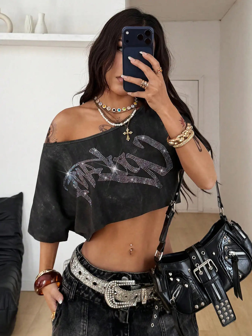 Off Shoulder Graphic Crop Tee with Relaxed Streetwear Inspired Silhouette