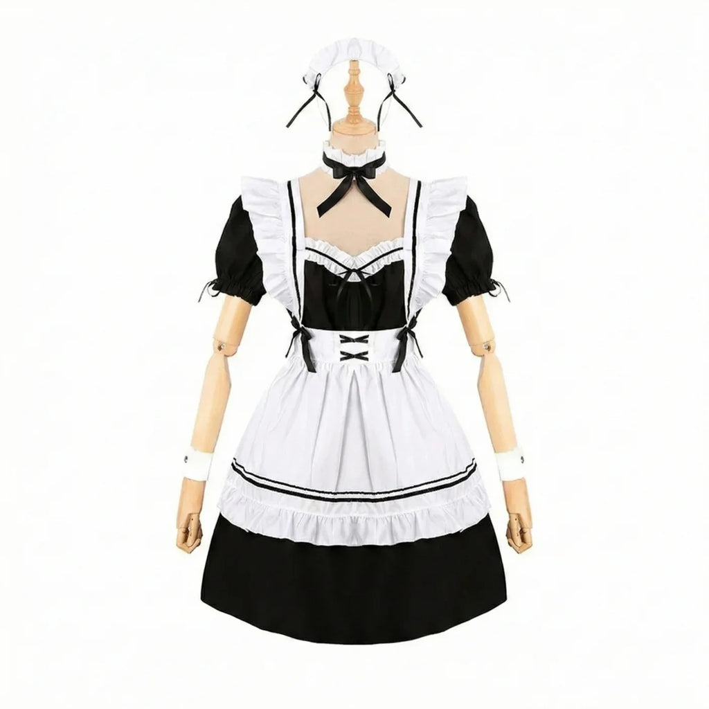 Complete Black and White Fox Maid Cosplay Set with Plush Paws, Tail, and Ear Headband