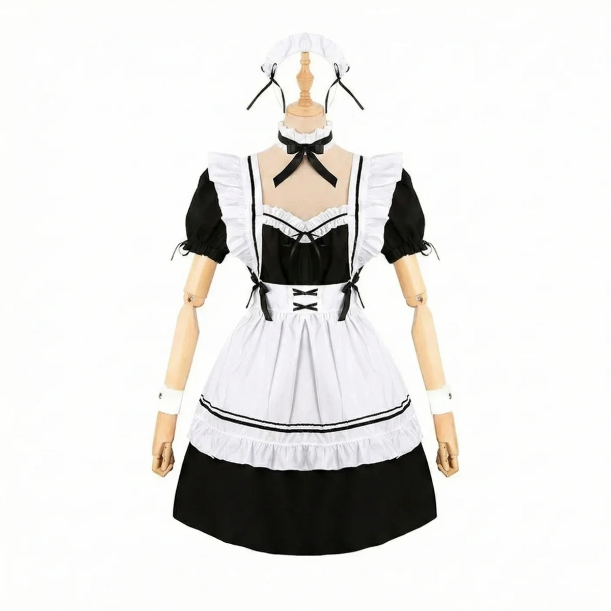 Complete Black and White Fox Maid Cosplay Set with Plush Paws, Tail, and Ear Headband