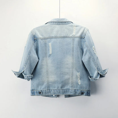 Women's Cropped Denim Jacket with Rolled Sleeves Vintage Streetwear Appeal