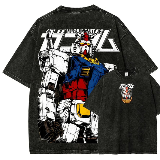 Retro Anime Mecha Streetwear Oversized Washed Cotton Graphic T-Shirt Design
