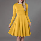 Elegant Solid Color Long-Sleeve A-Line Dress with High Waistline