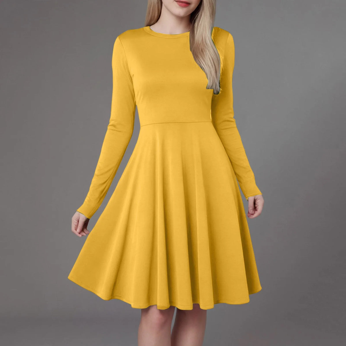 Elegant Solid Color Long-Sleeve A-Line Dress with High Waistline