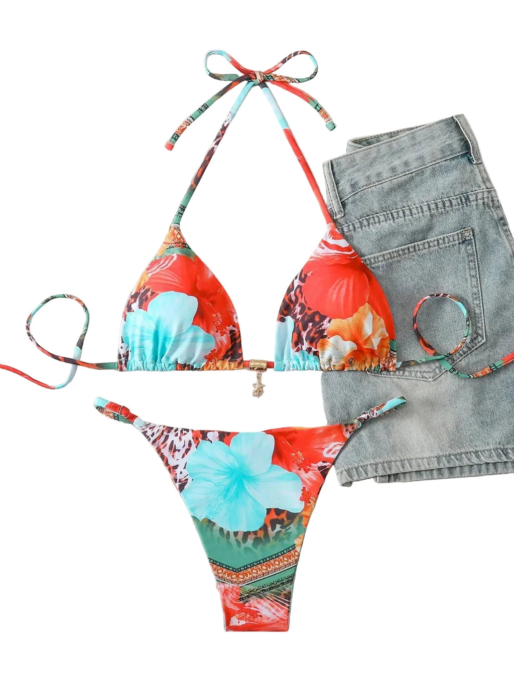 Vibrant Tropical Floral Print String Bikini Set with Sliding Triangle Top
