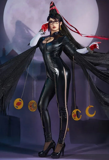 Women's Backless Faux Leather Bodysuit with Long Gloves and Layered Fashion Accessories Set