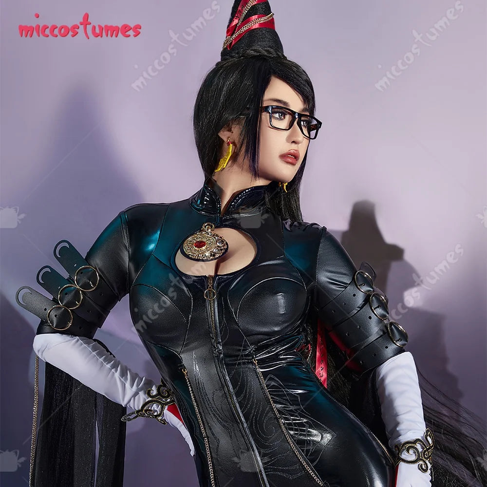 Women's Backless Faux Leather Bodysuit with Long Gloves and Layered Fashion Accessories Set