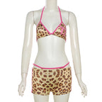 Three-Piece Leopard Print String Bikini Set with Pink Contrast Binding