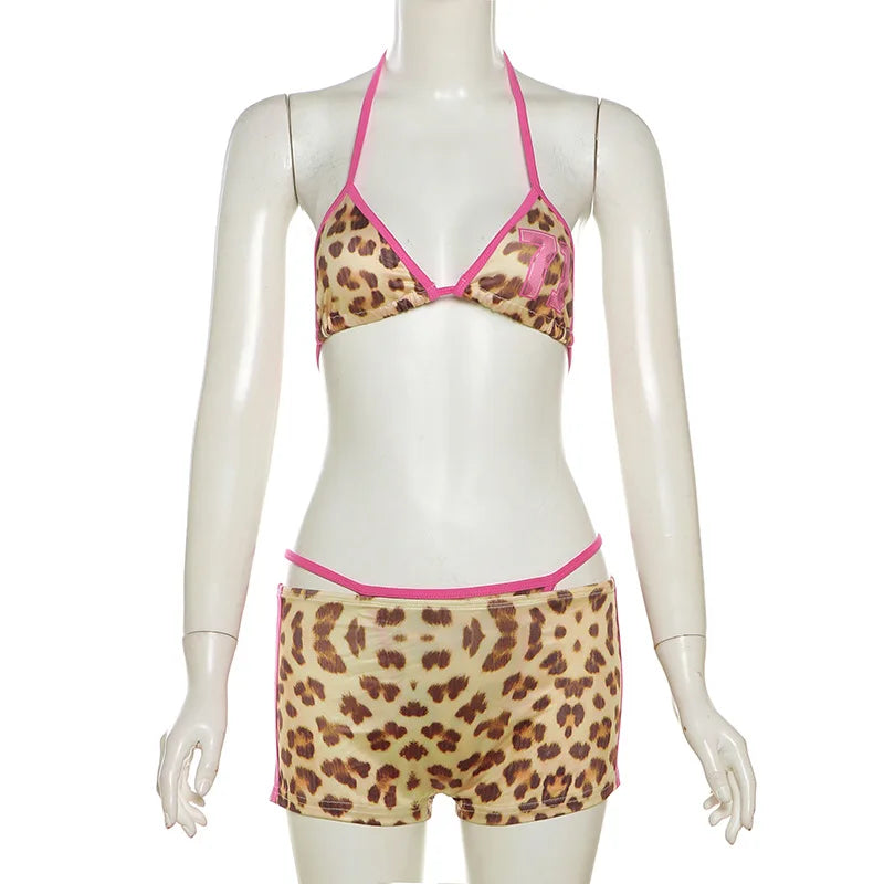 Three-Piece Leopard Print String Bikini Set with Pink Contrast Binding