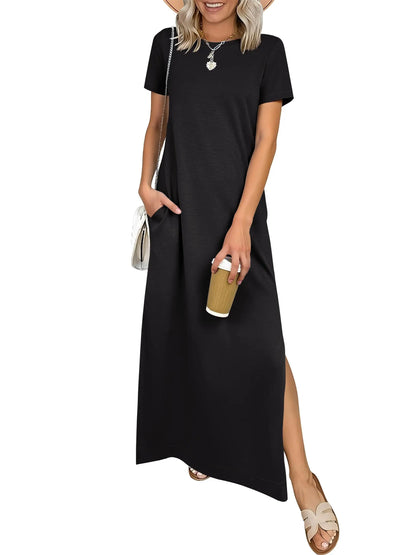 Relaxed Crew Neck Maxi Dress with Side Slits and Functional Pockets