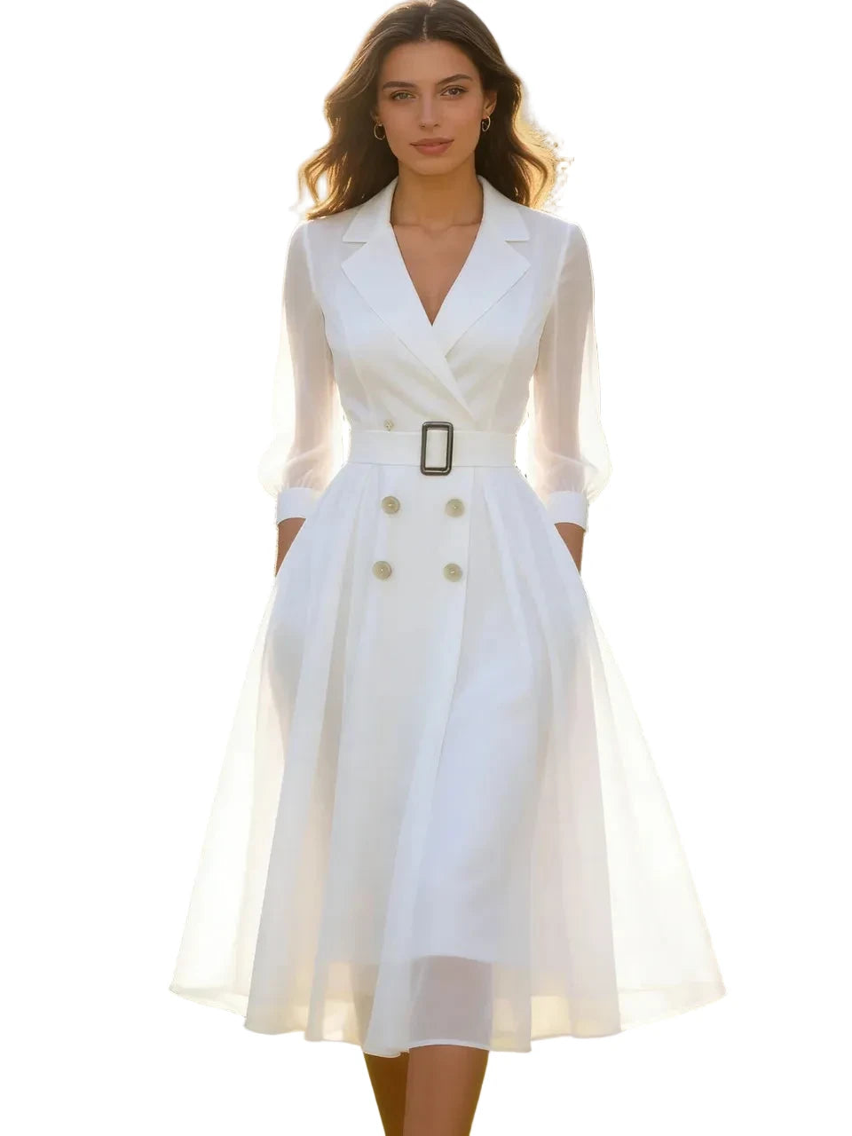 Sophisticated Double-Breasted White Midi Dress with Sheer Sleeves and Buckle Belt