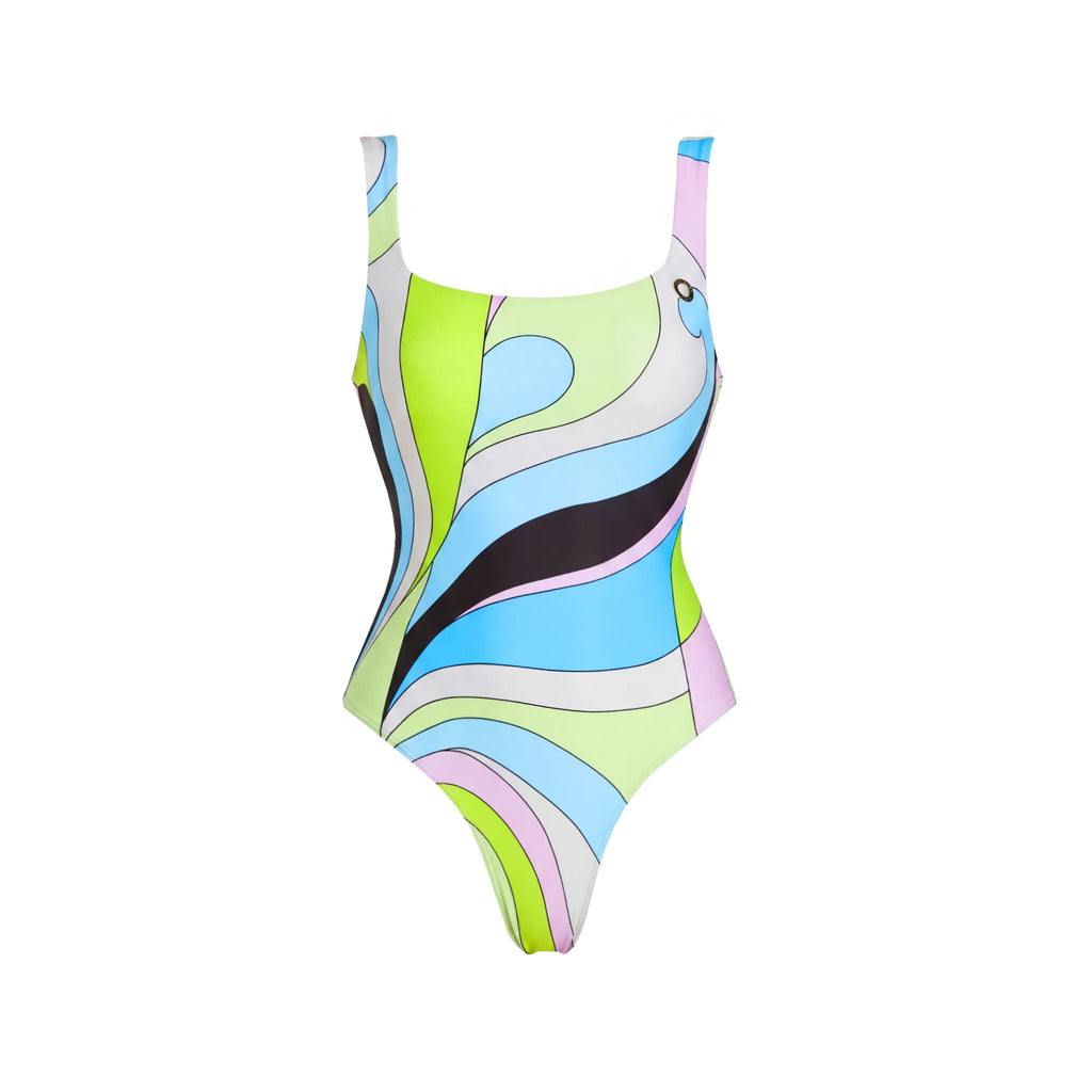 Retro Swirl Print Bandeau Swim Set with Matching Cascading Sarong