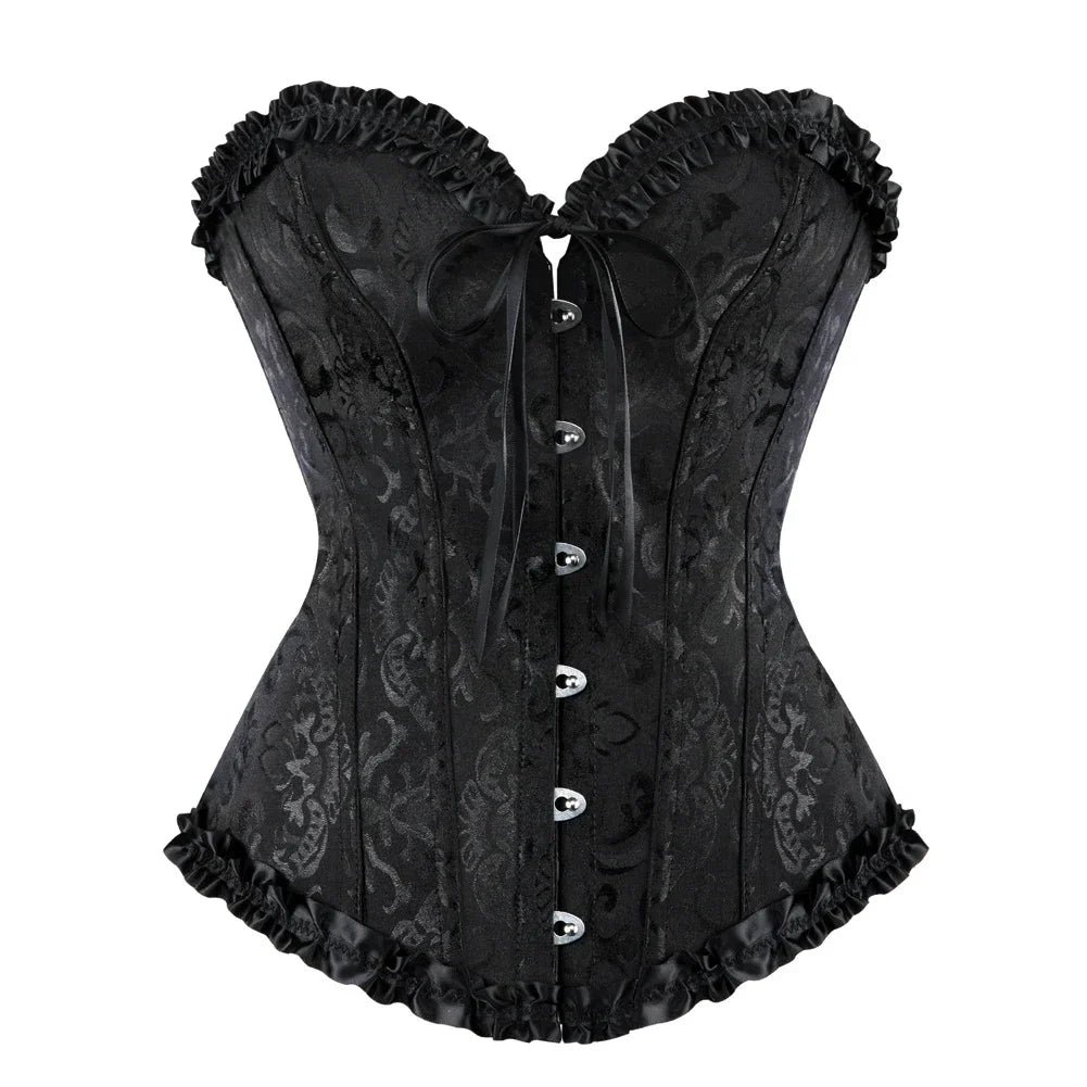 Floral Lace Overbust Corset with Structured Boning and Decorative Bow Detail