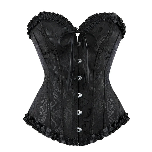 Floral Lace Overbust Corset with Structured Boning and Decorative Bow Detail