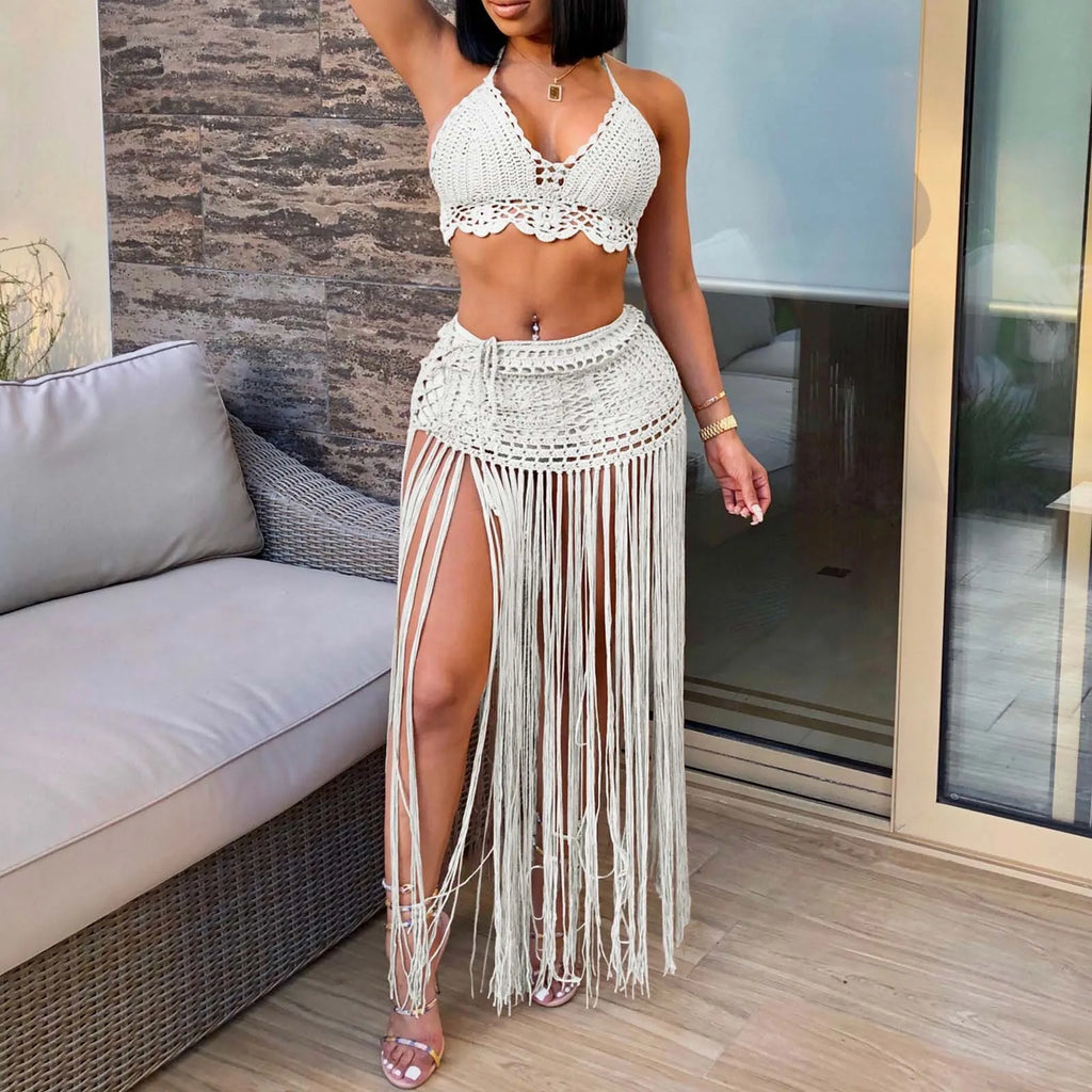Crochet Bikini Set with Textured Knit Top and Long Tassel Beach Skirt, Open-Knit Boho Swimwear Cover-Up