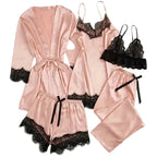 5-Piece Pink Satin-Style Sleepwear Collection with Striking Black Scalloped Lace Trim