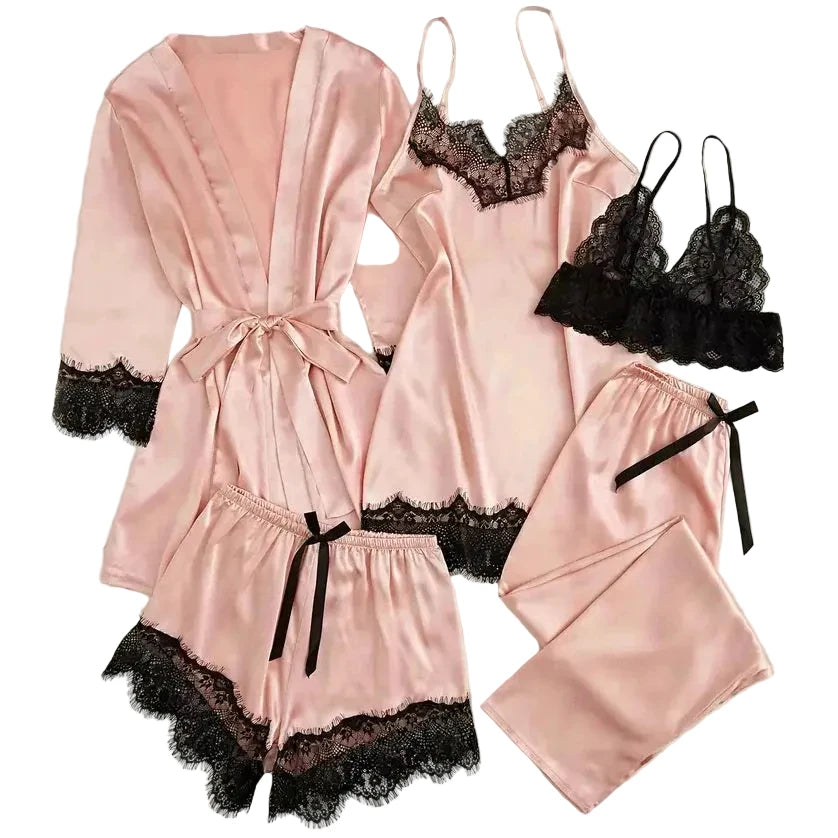 5-Piece Pink Satin-Style Sleepwear Collection with Striking Black Scalloped Lace Trim