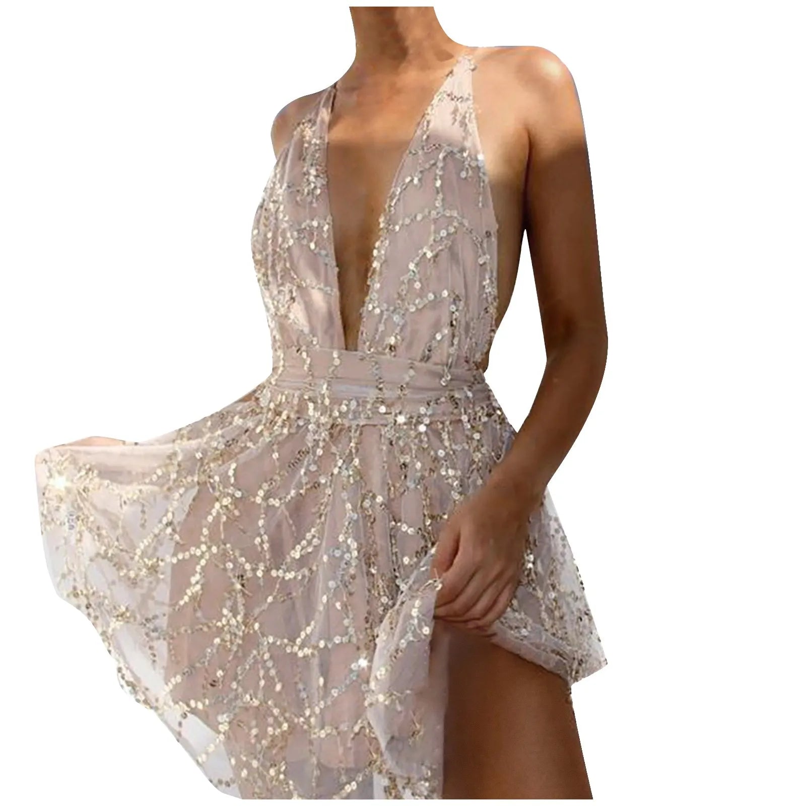 Embellished Halter Mini Dress with Fringe Hem and Partywear Silhouette