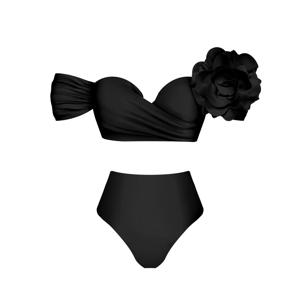 Crimson Red Plunge Swimwear Set with Dramatic 3D Floral Embellishments