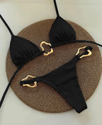 Espresso Brown String Bikini with Wavy Metallic Hardware Accents