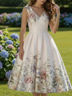 Elegant White Floral Print Swing Dress with V-Neckline and Pleated Skirt