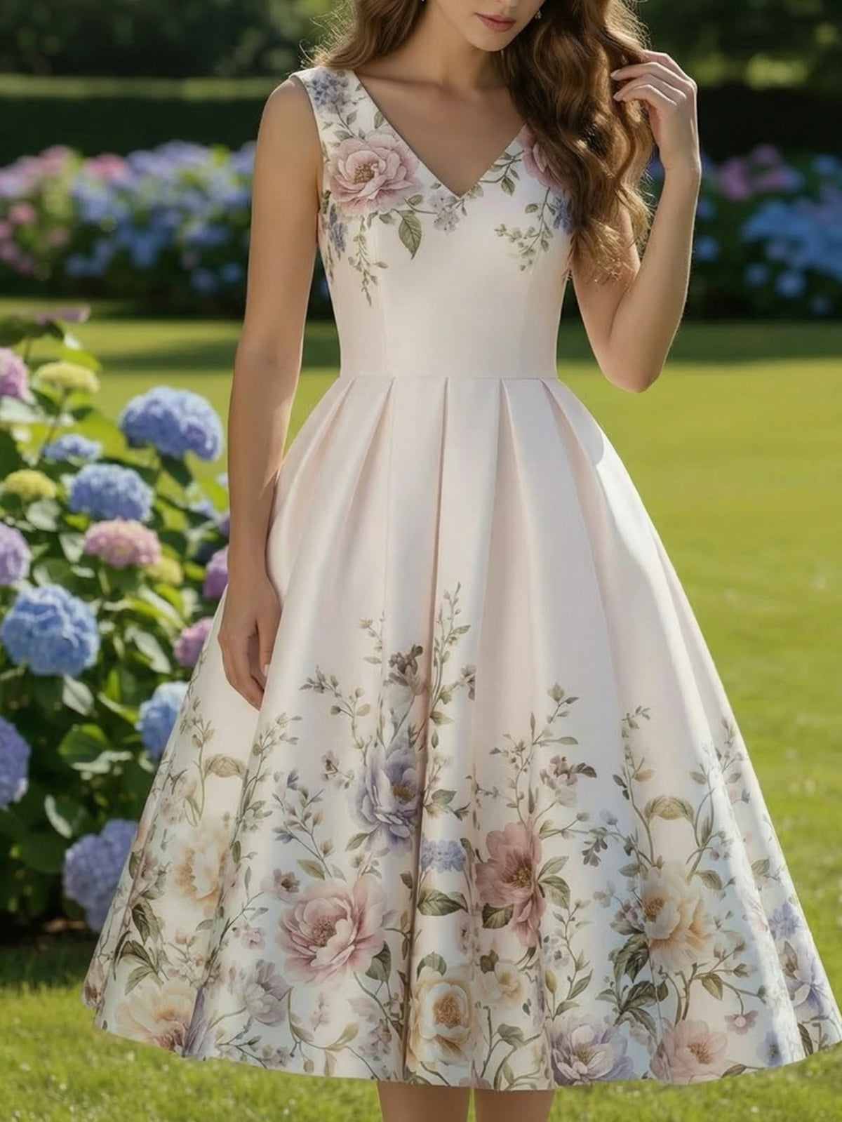 Elegant White Floral Print Swing Dress with V-Neckline and Pleated Skirt