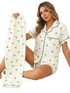 Three-Piece Cream Bow Print Pajama Lounge Set with Short-Sleeve Button-Down Top, Matching Shorts and Long Pants