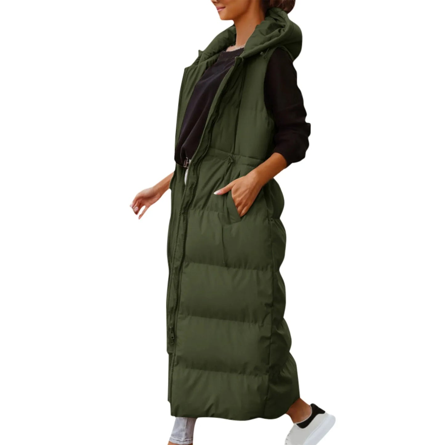 Women's Long Hooded Quilted Puffer Vest Relaxed Casual Winter Layering Outerwear