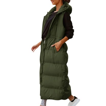 Women's Long Hooded Quilted Puffer Vest Relaxed Casual Winter Layering Outerwear
