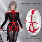 Sheer Black Long-Sleeve Bodysuit with Red Strappy Harness Detailing
