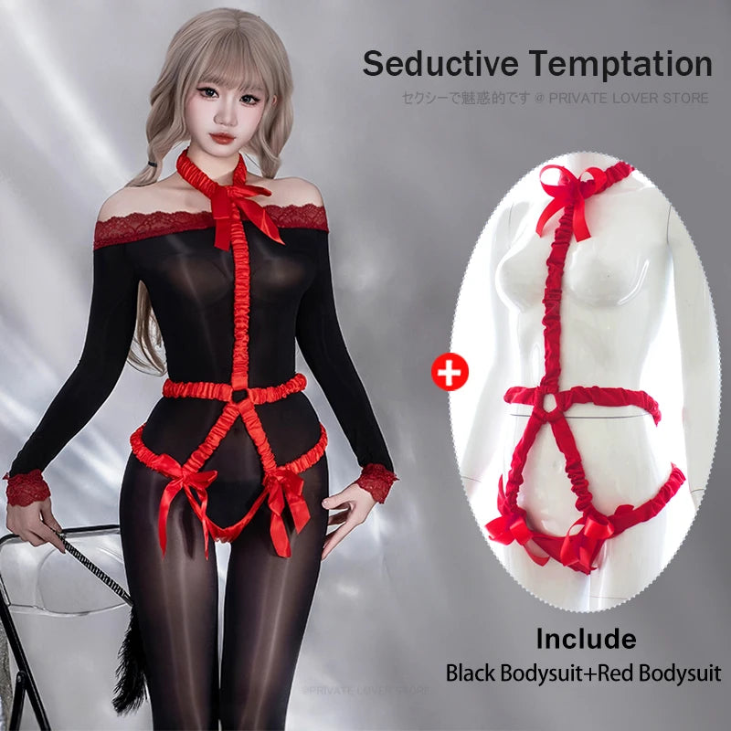 Sheer Black Long-Sleeve Bodysuit with Red Strappy Harness Detailing