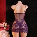Deep Plum Sheer Mesh Chemise with Intricate Floral Lace Appliqué