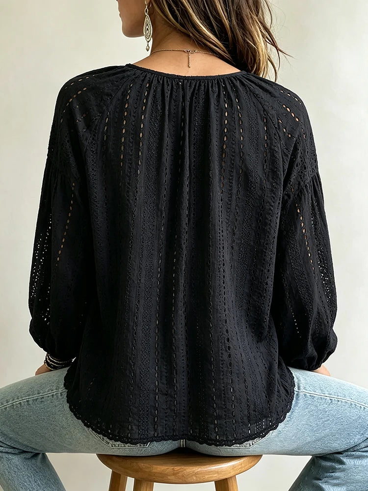 Elegant Eyelet Embroidery V-Neck Blouse with Voluminous Balloon Sleeves