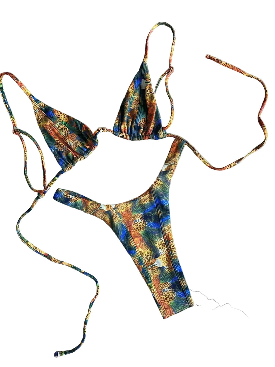 Abstract Print String Bikini Set with Triangle Halter Top and Minimalist Silhouette