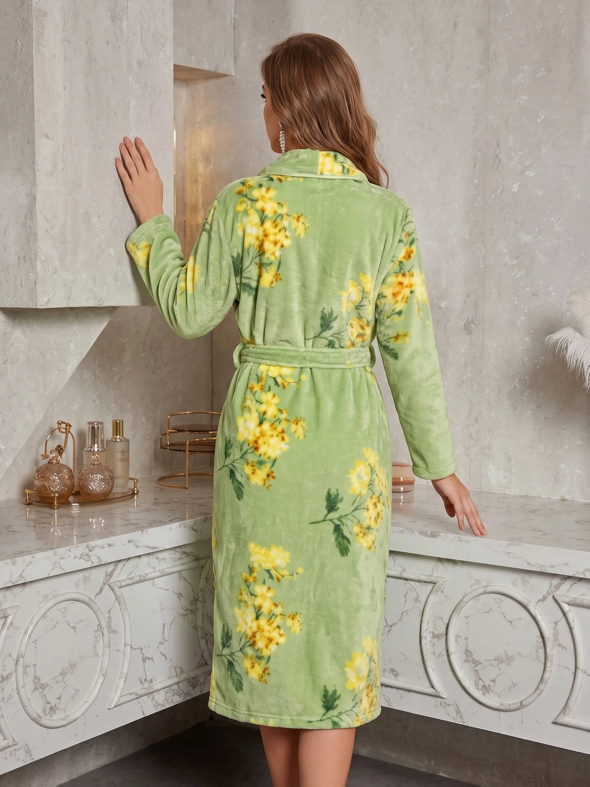 Plush Floral Print Flannel Wrap Robe with Pockets and Matching Belt