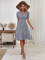 Breezy Blue Ditsy Floral V-Neck Mini Dress with Puff Sleeves