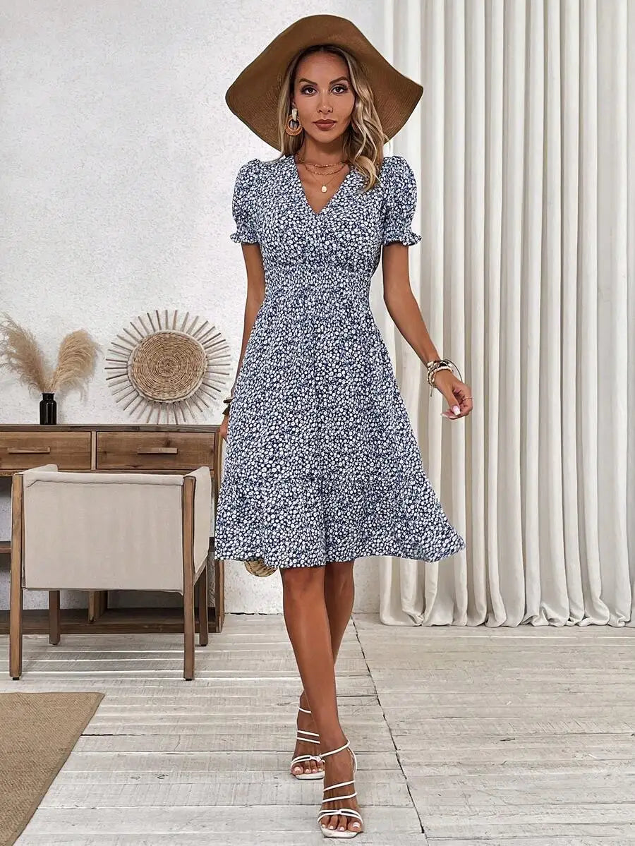 Breezy Blue Ditsy Floral V-Neck Mini Dress with Puff Sleeves