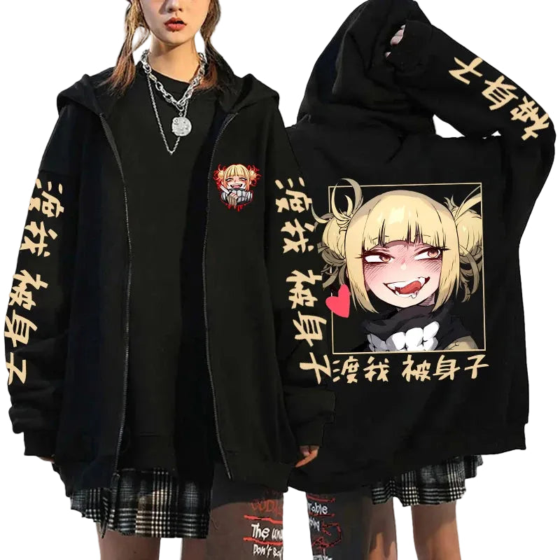 Anime Streetwear Zip Hoodie With Manga Inspired Retro Graphic Design