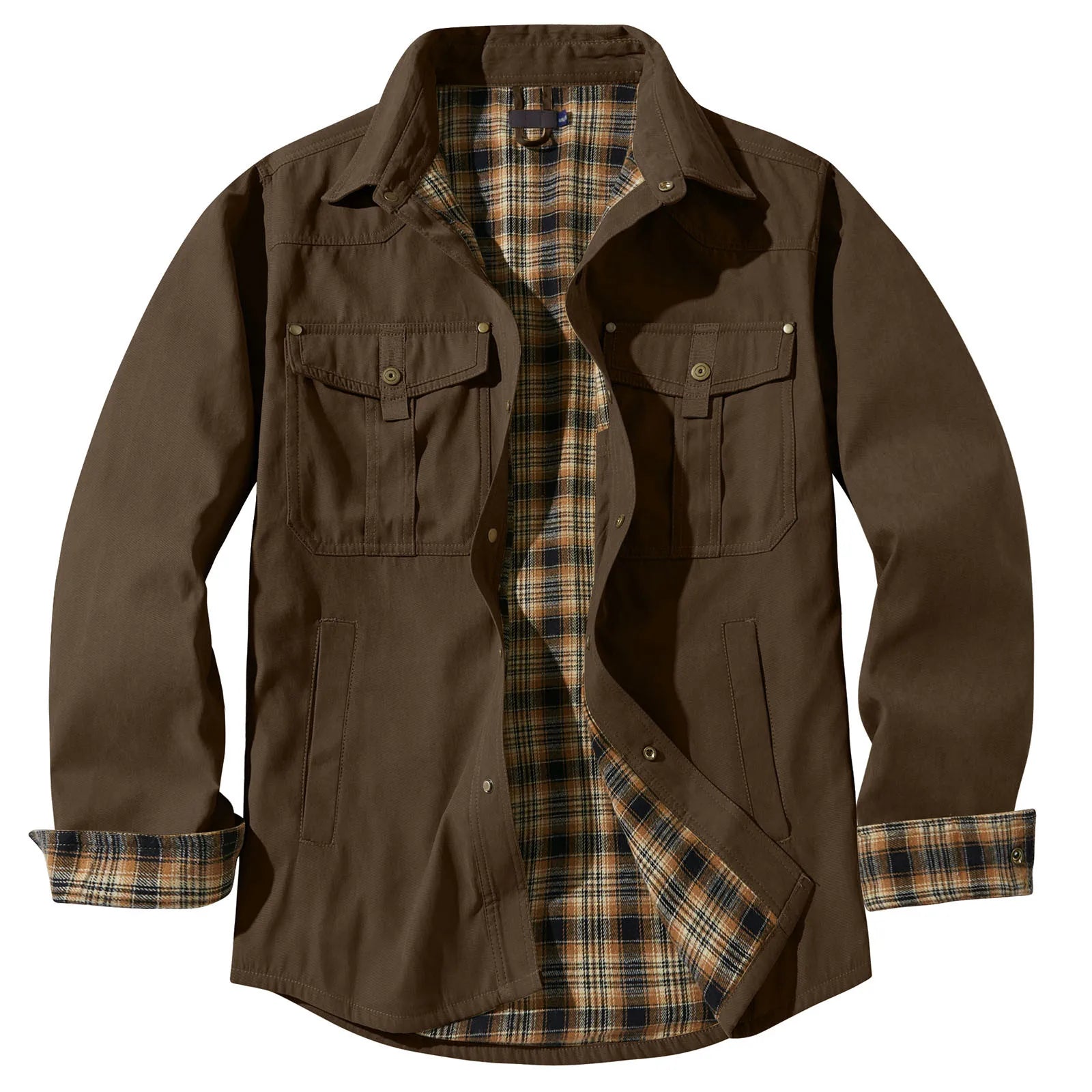 Men's Plaid-Lined Utility Overshirt Jacket with Vintage Casual Styling