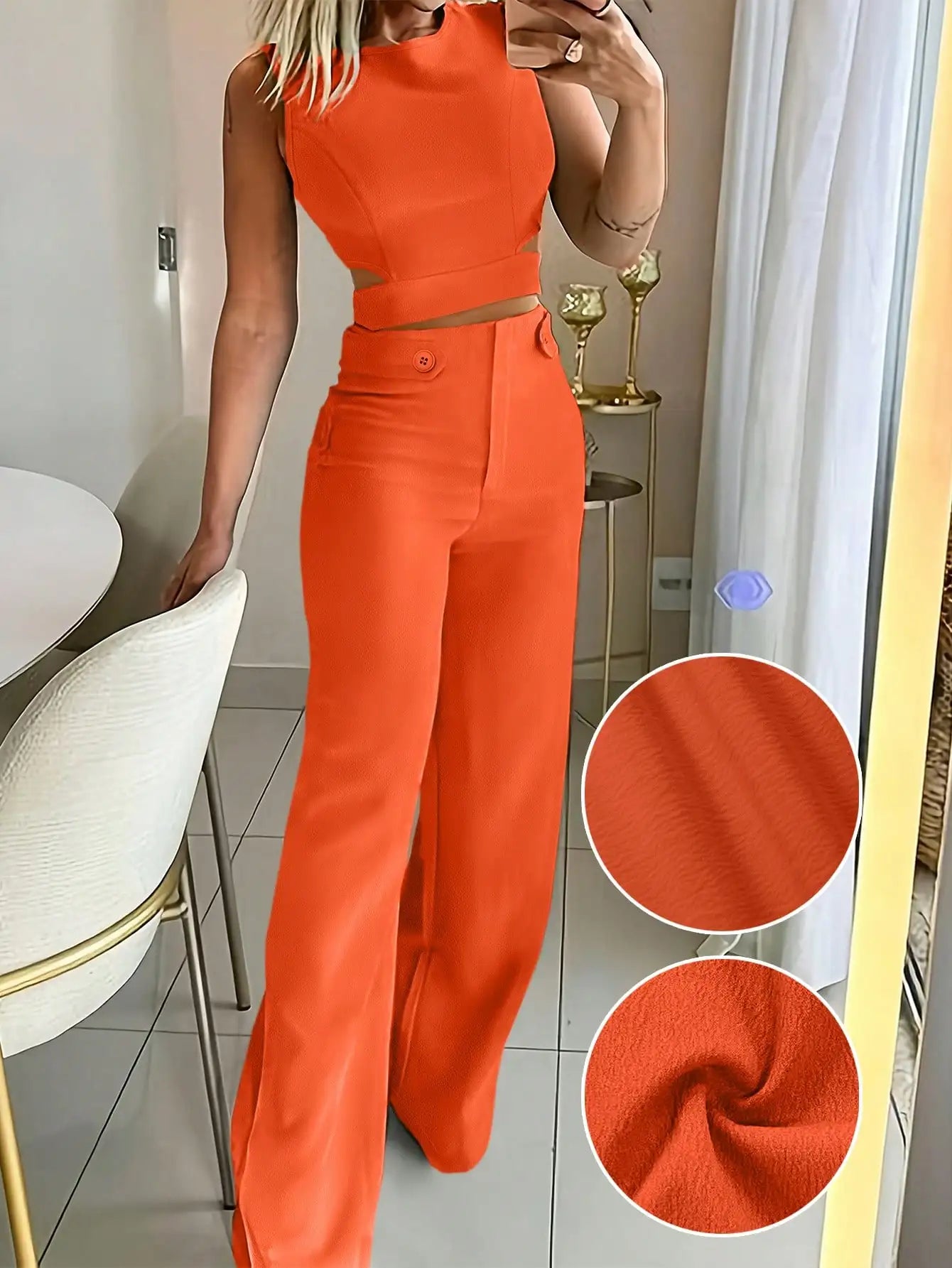 Sleeveless Button Detail Top and Flare Pants Casual Co-Ord Set