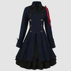 Vintage-Inspired Blue Victorian Coat Dress with Red Shoulder Cording and Bow Collar