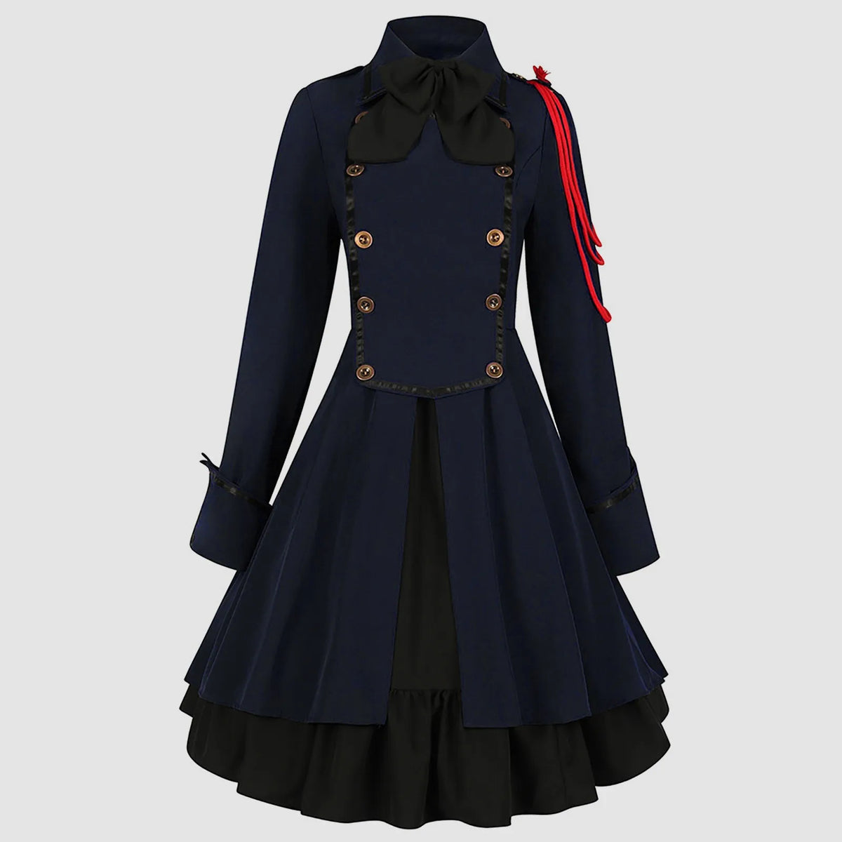 Vintage-Inspired Blue Victorian Coat Dress with Red Shoulder Cording and Bow Collar