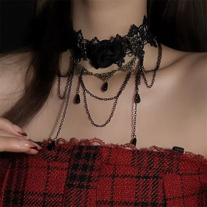 Victorian Lace Choker Necklace with Teardrop Charms for Gothic Dark Feminine Fashion Looks