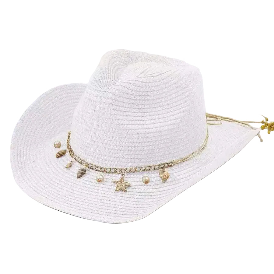 Wide Brim Straw Cowboy Hat with Decorative Starfish Band for Beach and Resort Style