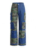 Women's High Waist Patchwork Cargo Denim Jeans with Multi-Pocket Relaxed Streetwear Fit