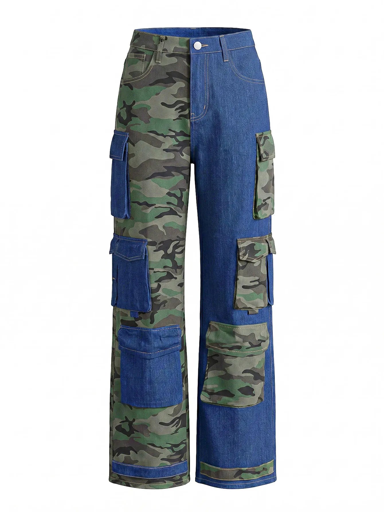 Women's High Waist Patchwork Cargo Denim Jeans with Multi-Pocket Relaxed Streetwear Fit