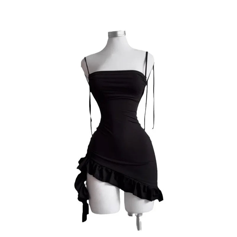 Strapless Backless Bodycon Mini Dress with Lace-Up Detail and Ruffle Hem